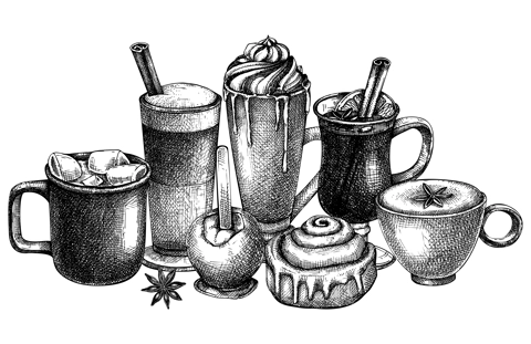 Vector collection of glassware with hot drinks. Sketched autumn drinks drawings -  mulled wine, coffee, hot chocolate, pumpkin latte, mugs, and desserts. Thanksgiving dinner beverages design